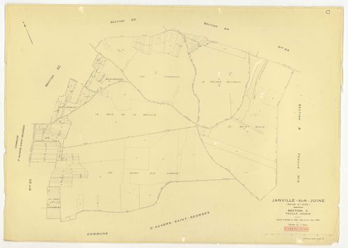 Plans minutes de conservation : JANVILLE-SUR-JUINE : tableau d'assemblage, ech. 1/10000 (1960) ; sections B1, B2, B3, C, ech. 1/2500, sections AC, AD, AI, ech. 1/1000, sections AB, AE, AH, AK, ZA, ZB, ZC, ZD, ech. 1/2000 (1960) ; section AB, ech. 1/2000 (