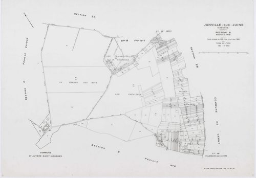 JANVILLE-SUR-JUINE, plans minutes de conservation : tableau d'assemblage, 1960, Ech. 1/10000 ; plans des sections B1, AC, AD, AI, 1960, Ech. 1/1000, sections B2, B3, C, 1960, Ech. 1/2500, sections AB, AE, AH, AK, ZA, ZB, ZC, ZD, 1960, Ech. 1/2000. Polyest