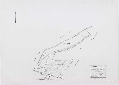 JANVRY, plans minutes de conservation : tableau d'assemblage,1937, Ech. 1/10000 ; plans des sections A2, B1, D1, 1937, Ech. 1/1250, sections B2, D2, 1937, Ech. 1/2500, sections ZC, ZD, ZE, ZH, ZI, ZK, 1980, Ech. 1/2000. Polyester. N et B. Dim. 105 x 80 cm