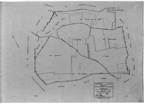 JANVRY. - Cadastre révisé pour 1937 : plan du tableau d'assemblage , plans de la section A la Brosse 2ème feuille, section B le Village 1ère feuille, idem 2ème feuille, section C le Fresneau, section D le Mulleron 1ère feuille, idem 2ème feuille, section 
