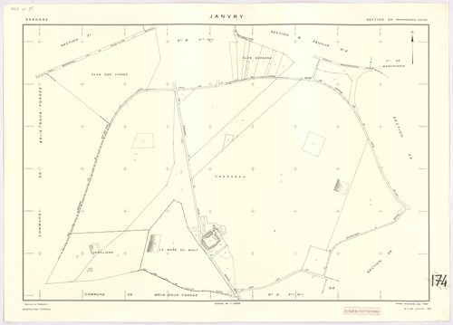 JANVRY. - Plan révisé pour 1937, à jour pour 1974 (2ème, 3ème édition) : plan du tableau d'assemblage ; plan révisé pour 1937, à jour pour 1983 (3ème édition) : plans des sections A dite de la Brosse (feuille 2), B dite du village (feuilles 1-2) et D dite