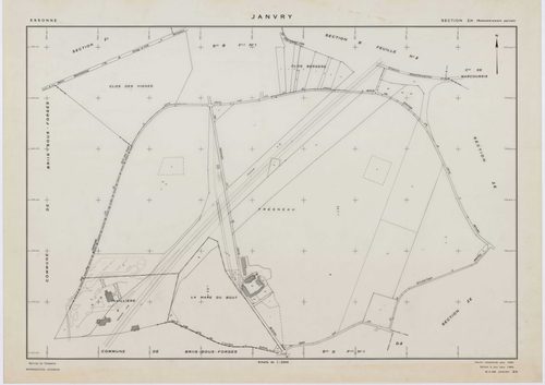 JANVRY, plans minutes de conservation : tableau d'assemblage,1937, Ech. 1/10000 ; plans des sections A2, B1, D1, 1937, Ech. 1/1250, sections B2, D2, 1937, Ech. 1/2500, sections ZC, ZD, ZE, ZH, ZI, ZK, 1980, Ech. 1/2000. Polyester. N et B. Dim. 105 x 80 cm