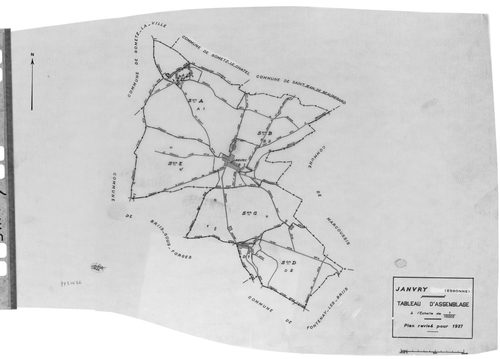 JANVRY. - Cadastre révisé pour 1937 : plan du tableau d'assemblage , plans de la section A la Brosse 2ème feuille, section B le Village 1ère feuille, idem 2ème feuille, section C le Fresneau, section D le Mulleron 1ère feuille, idem 2ème feuille, section 