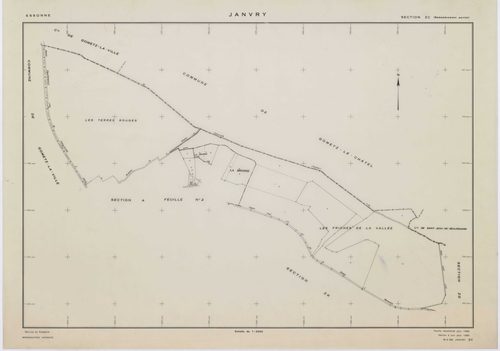 JANVRY, plans minutes de conservation : tableau d'assemblage,1937, Ech. 1/10000 ; plans des sections A2, B1, D1, 1937, Ech. 1/1250, sections B2, D2, 1937, Ech. 1/2500, sections ZC, ZD, ZE, ZH, ZI, ZK, 1980, Ech. 1/2000. Polyester. N et B. Dim. 105 x 80 cm