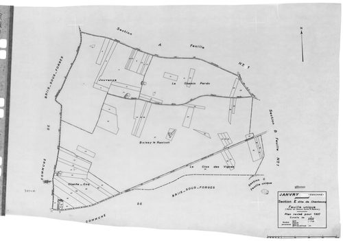JANVRY. - Cadastre révisé pour 1937 : plan du tableau d'assemblage , plans de la section A la Brosse 2ème feuille, section B le Village 1ère feuille, idem 2ème feuille, section C le Fresneau, section D le Mulleron 1ère feuille, idem 2ème feuille, section 