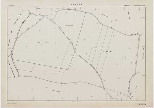 JANVRY, plans minutes de conservation : tableau d'assemblage,1937, Ech. 1/10000 ; plans des sections A2, B1, D1, 1937, Ech. 1/1250, sections B2, D2, 1937, Ech. 1/2500, sections ZC, ZD, ZE, ZH, ZI, ZK, 1980, Ech. 1/2000. Polyester. N et B. Dim. 105 x 80 cm