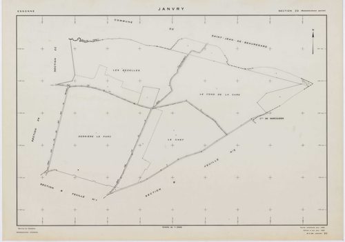 JANVRY, plans minutes de conservation : tableau d'assemblage,1937, Ech. 1/10000 ; plans des sections A2, B1, D1, 1937, Ech. 1/1250, sections B2, D2, 1937, Ech. 1/2500, sections ZC, ZD, ZE, ZH, ZI, ZK, 1980, Ech. 1/2000. Polyester. N et B. Dim. 105 x 80 cm