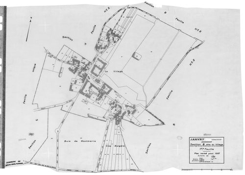 JANVRY. - Cadastre révisé pour 1937 : plan du tableau d'assemblage , plans de la section A la Brosse 2ème feuille, section B le Village 1ère feuille, idem 2ème feuille, section C le Fresneau, section D le Mulleron 1ère feuille, idem 2ème feuille, section 