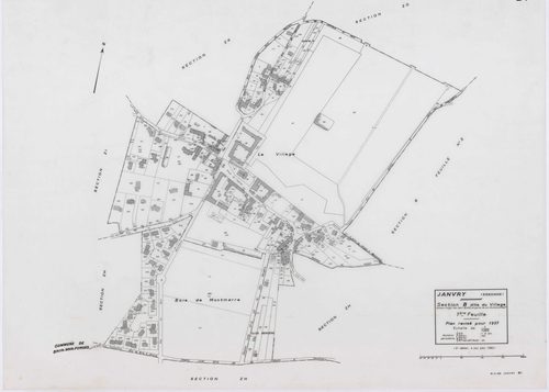 JANVRY, plans minutes de conservation : tableau d'assemblage,1937, Ech. 1/10000 ; plans des sections A2, B1, D1, 1937, Ech. 1/1250, sections B2, D2, 1937, Ech. 1/2500, sections ZC, ZD, ZE, ZH, ZI, ZK, 1980, Ech. 1/2000. Polyester. N et B. Dim. 105 x 80 cm