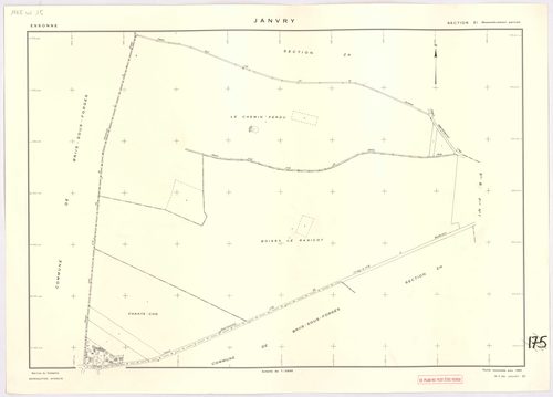 JANVRY. - Plan révisé pour 1937, à jour pour 1974 (2ème, 3ème édition) : plan du tableau d'assemblage ; plan révisé pour 1937, à jour pour 1983 (3ème édition) : plans des sections A dite de la Brosse (feuille 2), B dite du village (feuilles 1-2) et D dite