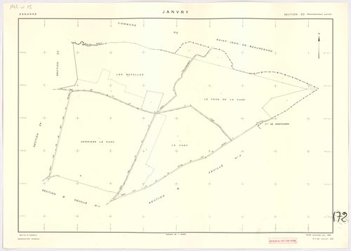JANVRY. - Plan révisé pour 1937, à jour pour 1974 (2ème, 3ème édition) : plan du tableau d'assemblage ; plan révisé pour 1937, à jour pour 1983 (3ème édition) : plans des sections A dite de la Brosse (feuille 2), B dite du village (feuilles 1-2) et D dite
