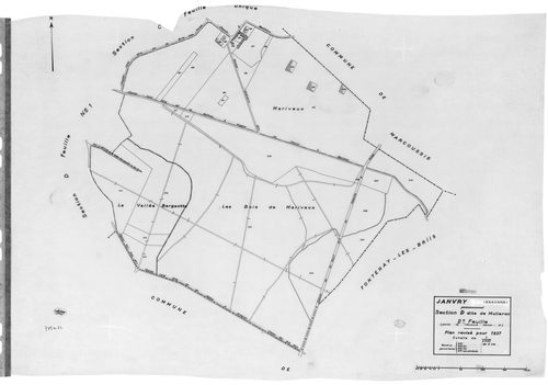 JANVRY. - Cadastre révisé pour 1937 : plan du tableau d'assemblage , plans de la section A la Brosse 2ème feuille, section B le Village 1ère feuille, idem 2ème feuille, section C le Fresneau, section D le Mulleron 1ère feuille, idem 2ème feuille, section 