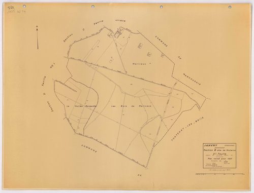 JANVRY. - Plan révisé pour 1937, à jour pour 1974 (2ème, 3ème édition) : plans du tableau d'assemblage, des sections A dite de la Brosse (feuilles 1-2), B dite du village (feuilles 1-2), C dite de Fresneau, D dite de Mulleron (feuilles 1-2) et E dite de C