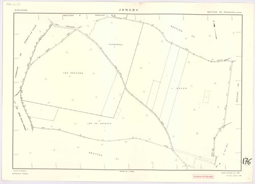 JANVRY. - Plan révisé pour 1937, à jour pour 1974 (2ème, 3ème édition) : plan du tableau d'assemblage ; plan révisé pour 1937, à jour pour 1983 (3ème édition) : plans des sections A dite de la Brosse (feuille 2), B dite du village (feuilles 1-2) et D dite