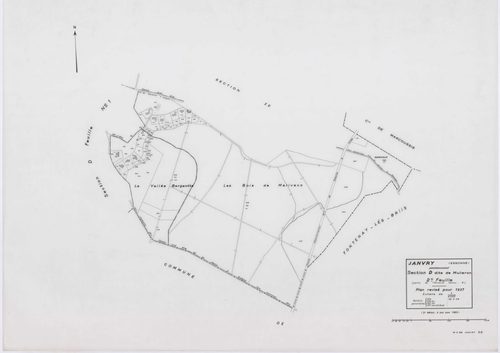 JANVRY, plans minutes de conservation : tableau d'assemblage,1937, Ech. 1/10000 ; plans des sections A2, B1, D1, 1937, Ech. 1/1250, sections B2, D2, 1937, Ech. 1/2500, sections ZC, ZD, ZE, ZH, ZI, ZK, 1980, Ech. 1/2000. Polyester. N et B. Dim. 105 x 80 cm