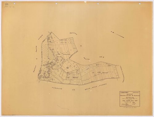 JANVRY. - Plan révisé pour 1937, à jour pour 1974 (2ème, 3ème édition) : plans du tableau d'assemblage, des sections A dite de la Brosse (feuilles 1-2), B dite du village (feuilles 1-2), C dite de Fresneau, D dite de Mulleron (feuilles 1-2) et E dite de C