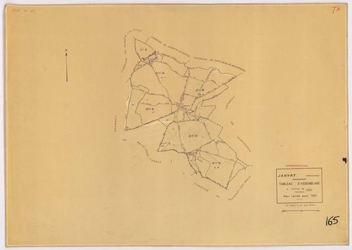 JANVRY. - Plan révisé pour 1937, à jour pour 1974 (2ème, 3ème édition) : plan du tableau d'assemblage ; plan révisé pour 1937, à jour pour 1983 (3ème édition) : plans des sections A dite de la Brosse (feuille 2), B dite du village (feuilles 1-2) et D dite