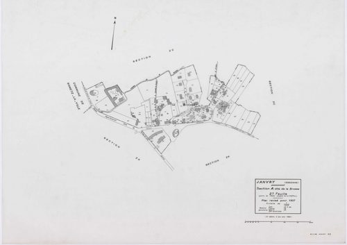 JANVRY, plans minutes de conservation : tableau d'assemblage,1937, Ech. 1/10000 ; plans des sections A2, B1, D1, 1937, Ech. 1/1250, sections B2, D2, 1937, Ech. 1/2500, sections ZC, ZD, ZE, ZH, ZI, ZK, 1980, Ech. 1/2000. Polyester. N et B. Dim. 105 x 80 cm