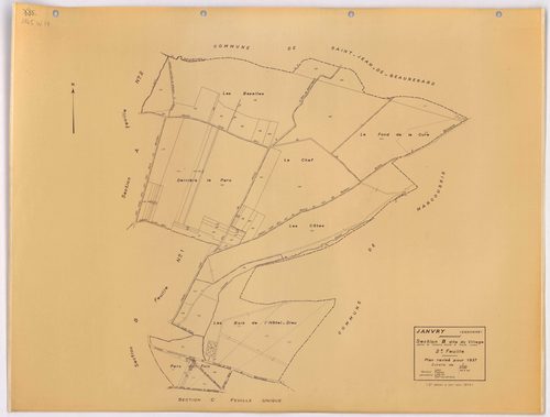 JANVRY. - Plan révisé pour 1937, à jour pour 1974 (2ème, 3ème édition) : plans du tableau d'assemblage, des sections A dite de la Brosse (feuilles 1-2), B dite du village (feuilles 1-2), C dite de Fresneau, D dite de Mulleron (feuilles 1-2) et E dite de C
