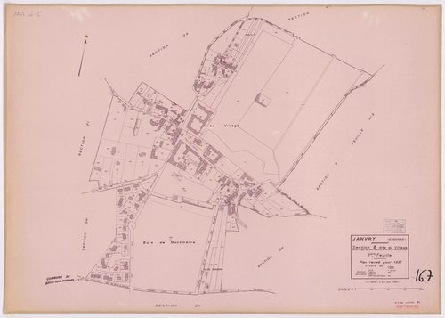JANVRY. - Plan révisé pour 1937, à jour pour 1974 (2ème, 3ème édition) : plan du tableau d'assemblage ; plan révisé pour 1937, à jour pour 1983 (3ème édition) : plans des sections A dite de la Brosse (feuille 2), B dite du village (feuilles 1-2) et D dite