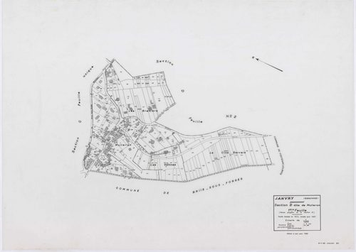 JANVRY, plans minutes de conservation : tableau d'assemblage,1937, Ech. 1/10000 ; plans des sections A2, B1, D1, 1937, Ech. 1/1250, sections B2, D2, 1937, Ech. 1/2500, sections ZC, ZD, ZE, ZH, ZI, ZK, 1980, Ech. 1/2000. Polyester. N et B. Dim. 105 x 80 cm