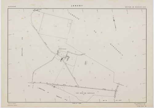 JANVRY, plans minutes de conservation : tableau d'assemblage,1937, Ech. 1/10000 ; plans des sections A2, B1, D1, 1937, Ech. 1/1250, sections B2, D2, 1937, Ech. 1/2500, sections ZC, ZD, ZE, ZH, ZI, ZK, 1980, Ech. 1/2000. Polyester. N et B. Dim. 105 x 80 cm