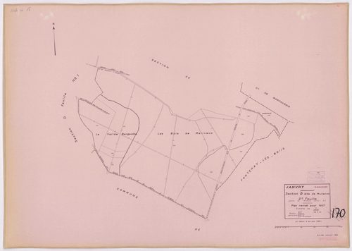 JANVRY. - Plan révisé pour 1937, à jour pour 1974 (2ème, 3ème édition) : plan du tableau d'assemblage ; plan révisé pour 1937, à jour pour 1983 (3ème édition) : plans des sections A dite de la Brosse (feuille 2), B dite du village (feuilles 1-2) et D dite