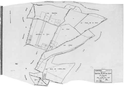 JANVRY. - Cadastre révisé pour 1937 : plan du tableau d'assemblage , plans de la section A la Brosse 2ème feuille, section B le Village 1ère feuille, idem 2ème feuille, section C le Fresneau, section D le Mulleron 1ère feuille, idem 2ème feuille, section 