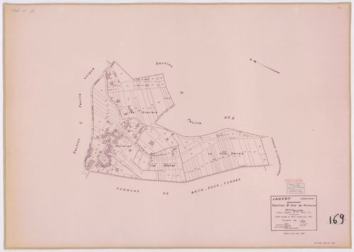 JANVRY. - Plan révisé pour 1937, à jour pour 1974 (2ème, 3ème édition) : plan du tableau d'assemblage ; plan révisé pour 1937, à jour pour 1983 (3ème édition) : plans des sections A dite de la Brosse (feuille 2), B dite du village (feuilles 1-2) et D dite