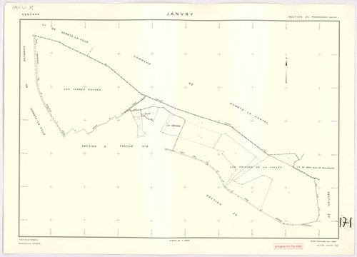 JANVRY. - Plan révisé pour 1937, à jour pour 1974 (2ème, 3ème édition) : plan du tableau d'assemblage ; plan révisé pour 1937, à jour pour 1983 (3ème édition) : plans des sections A dite de la Brosse (feuille 2), B dite du village (feuilles 1-2) et D dite
