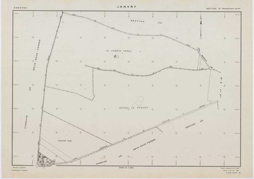 JANVRY, plans minutes de conservation : tableau d'assemblage,1937, Ech. 1/10000 ; plans des sections A2, B1, D1, 1937, Ech. 1/1250, sections B2, D2, 1937, Ech. 1/2500, sections ZC, ZD, ZE, ZH, ZI, ZK, 1980, Ech. 1/2000. Polyester. N et B. Dim. 105 x 80 cm