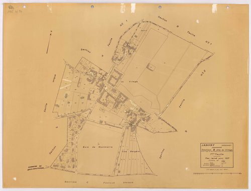JANVRY. - Plan révisé pour 1937, à jour pour 1974 (2ème, 3ème édition) : plans du tableau d'assemblage, des sections A dite de la Brosse (feuilles 1-2), B dite du village (feuilles 1-2), C dite de Fresneau, D dite de Mulleron (feuilles 1-2) et E dite de C