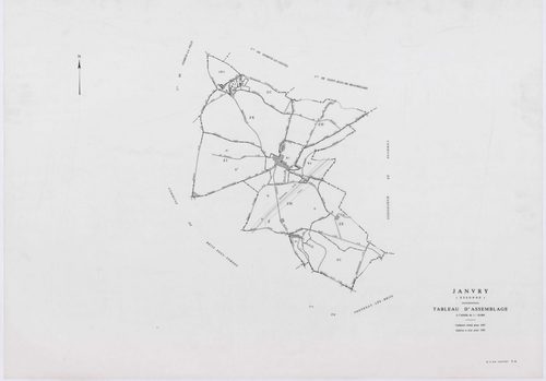 JANVRY, plans minutes de conservation : tableau d'assemblage,1937, Ech. 1/10000 ; plans des sections A2, B1, D1, 1937, Ech. 1/1250, sections B2, D2, 1937, Ech. 1/2500, sections ZC, ZD, ZE, ZH, ZI, ZK, 1980, Ech. 1/2000. Polyester. N et B. Dim. 105 x 80 cm