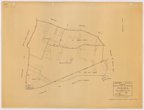 JANVRY. - Plan révisé pour 1937, à jour pour 1974 (2ème, 3ème édition) : plans du tableau d'assemblage, des sections A dite de la Brosse (feuilles 1-2), B dite du village (feuilles 1-2), C dite de Fresneau, D dite de Mulleron (feuilles 1-2) et E dite de C