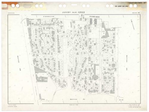 JUVISY-SUR-ORGE, plans minutes de conservation : tableau d'assemblage,1969, Ech. 1/5000 ; plans des sections AB, AC, AD, AE, AH, AI, AK, AL, 1969, Ech. 1/1000. Polyester. N et B. Dim. 105 x 80 cm [9 plans]. 