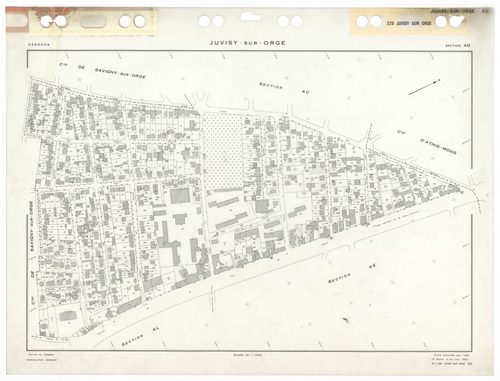 JUVISY-SUR-ORGE, plans minutes de conservation : tableau d'assemblage,1969, Ech. 1/5000 ; plans des sections AB, AC, AD, AE, AH, AI, AK, AL, 1969, Ech. 1/1000. Polyester. N et B. Dim. 105 x 80 cm [9 plans]. 