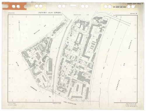 JUVISY-SUR-ORGE, plans minutes de conservation : tableau d'assemblage,1969, Ech. 1/5000 ; plans des sections AB, AC, AD, AE, AH, AI, AK, AL, 1969, Ech. 1/1000. Polyester. N et B. Dim. 105 x 80 cm [9 plans]. 