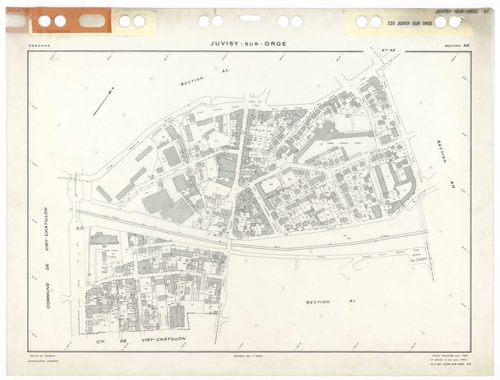 JUVISY-SUR-ORGE, plans minutes de conservation : tableau d'assemblage,1969, Ech. 1/5000 ; plans des sections AB, AC, AD, AE, AH, AI, AK, AL, 1969, Ech. 1/1000. Polyester. N et B. Dim. 105 x 80 cm [9 plans]. 