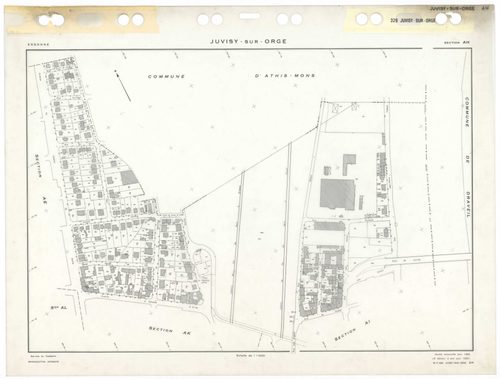 JUVISY-SUR-ORGE, plans minutes de conservation : tableau d'assemblage,1969, Ech. 1/5000 ; plans des sections AB, AC, AD, AE, AH, AI, AK, AL, 1969, Ech. 1/1000. Polyester. N et B. Dim. 105 x 80 cm [9 plans]. 