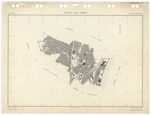 JUVISY-SUR-ORGE, plans minutes de conservation : tableau d'assemblage,1969, Ech. 1/5000 ; plans des sections AB, AC, AD, AE, AH, AI, AK, AL, 1969, Ech. 1/1000. Polyester. N et B. Dim. 105 x 80 cm [9 plans]. 