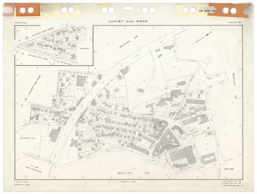 JUVISY-SUR-ORGE, plans minutes de conservation : tableau d'assemblage,1969, Ech. 1/5000 ; plans des sections AB, AC, AD, AE, AH, AI, AK, AL, 1969, Ech. 1/1000. Polyester. N et B. Dim. 105 x 80 cm [9 plans]. 