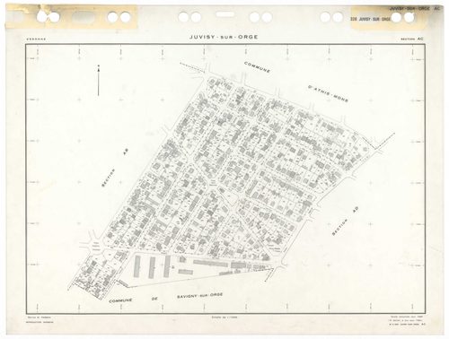 JUVISY-SUR-ORGE, plans minutes de conservation : tableau d'assemblage,1969, Ech. 1/5000 ; plans des sections AB, AC, AD, AE, AH, AI, AK, AL, 1969, Ech. 1/1000. Polyester. N et B. Dim. 105 x 80 cm [9 plans]. 