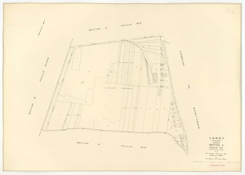 Plans minutes de conservation : LARDY : tableau d'assemblage, ech. 1/10000 (1950-1979) ; sections A1, B, ech. 1/2500 (1950), sections A2, A3, A4, C1, C2, D, E, F1, F2, G, H1, H2, ech. 1/1250 (1950), NB, papier, 105x80 [15 plans]. 