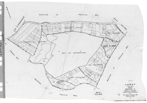 LARDY. - Cadastre révisé pour 1950 : plan du tableau d'assemblage, plans de la section A 1ère feuille, idem 2ème feuille, idem 3ème feuille, section B, section C 1ère feuille, idem 2ème feuille, section D, section E, section F 1ère feuille, idem 2ème feui