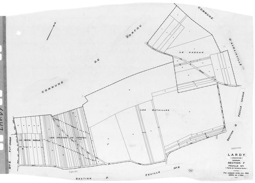LARDY. - Cadastre révisé pour 1950 : plan du tableau d'assemblage, plans de la section A 1ère feuille, idem 2ème feuille, idem 3ème feuille, section B, section C 1ère feuille, idem 2ème feuille, section D, section E, section F 1ère feuille, idem 2ème feui