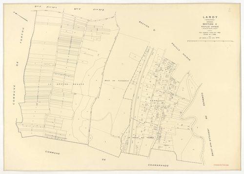 Plans minutes de conservation : LARDY : tableau d'assemblage, ech. 1/10000 (1950-1979) ; sections A1, B, ech. 1/2500 (1950), sections A2, A3, A4, C1, C2, D, E, F1, F2, G, H1, H2, ech. 1/1250 (1950), NB, papier, 105x80 [15 plans]. 