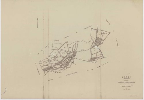 LARDY, plans minutes de conservation : tableau d'assemblage, 1950, Ech. 1/10000 ; plans des sections A1, B, 1950, Ech. 1/2500, sections A2, A3, A4, C1, C2, D, E, F2, G, H1, H2, 1950, Ech. 1/1250, section ZA, 1989, Ech. 1/2000. Polyester. N et B. Dim. 105 
