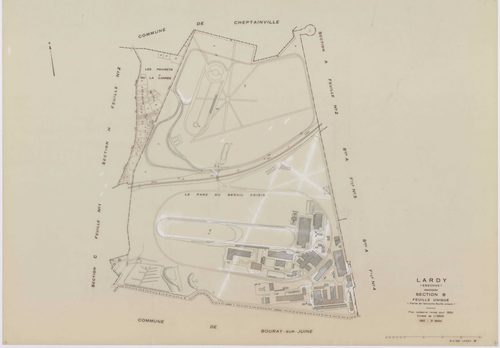 LARDY, plans minutes de conservation : tableau d'assemblage, 1950, Ech. 1/10000 ; plans des sections A1, B, 1950, Ech. 1/2500, sections A2, A3, A4, C1, C2, D, E, F2, G, H1, H2, 1950, Ech. 1/1250, section ZA, 1989, Ech. 1/2000. Polyester. N et B. Dim. 105 