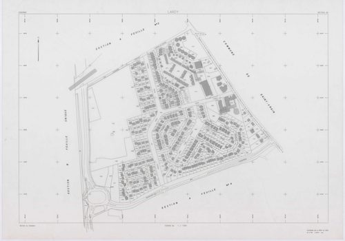 LARDY, plans minutes de conservation : tableau d'assemblage, 1950, Ech. 1/10000 ; plans des sections A1, B, 1950, Ech. 1/2500, sections A2, A3, A4, C1, C2, D, E, F2, G, H1, H2, 1950, Ech. 1/1250, section ZA, 1989, Ech. 1/2000. Polyester. N et B. Dim. 105 