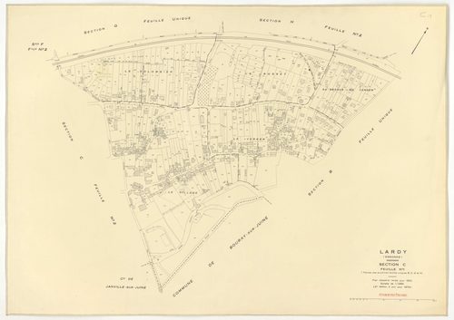 Plans minutes de conservation : LARDY : tableau d'assemblage, ech. 1/10000 (1950-1979) ; sections A1, B, ech. 1/2500 (1950), sections A2, A3, A4, C1, C2, D, E, F1, F2, G, H1, H2, ech. 1/1250 (1950), NB, papier, 105x80 [15 plans]. 